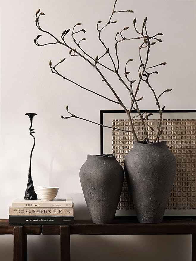 Ceramic Vase - Large 11.8 Inch Tall Floor Vase for Centerpieces, Farmhouse Rustic Minimalist Home Decor for Living Room, Enterway, Wedding (Sandstone Dark Gray)