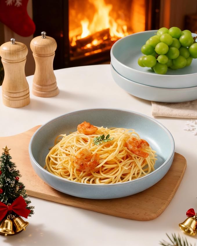 famiware Milkyway Pasta Bowls Set of 4, 8.5" Large Salad Bowls, Double Reactive Glaze, Sturdy & Stackable, Ideal for Housewarming, Festivals, Light Blue