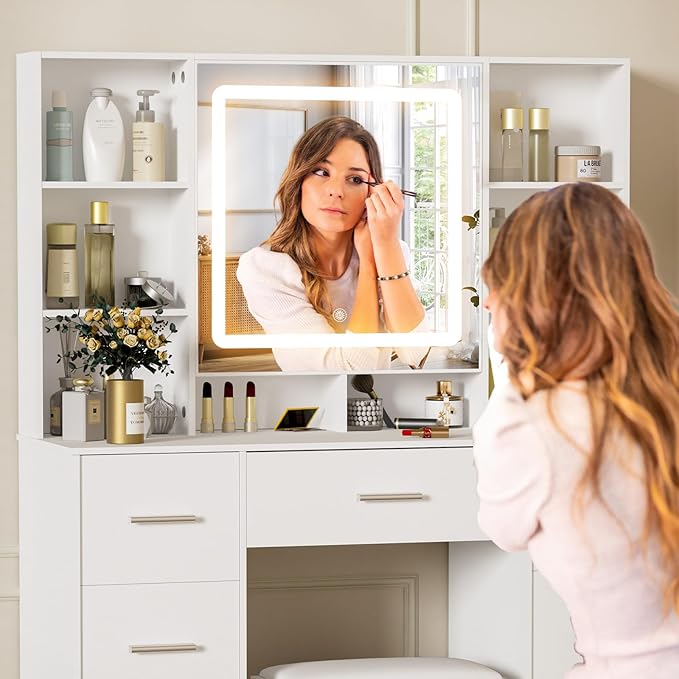 39" W Makeup Vanity Desk with Mirror and Lights, White Vanity Set with 7 Drawers and 8 Storage Shelves, Vanity Table with Adjustable LED Lights and Stool, Dressing Table for Girls, White