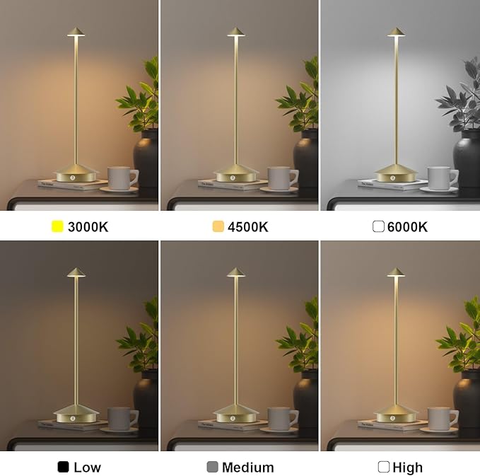 2-Pack 6000mAh Rechargeable Led Table Lamp Cordless,3000K-6000K Stepless Dimming Touch Lamps with Memory Function,IP54 Waterproof Aluminum Table Light for Outdoor/Bars/Restaurant/Patio(Gold)