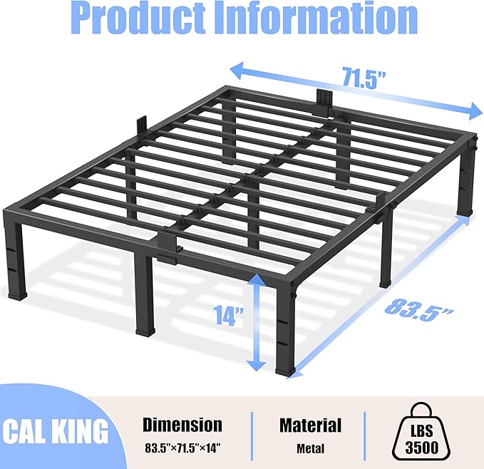 California King Size Bed Frame 14 inch High 3500 lbs Heavy Duty Metal Platform Mattress Foundation with Steel Slat Support/No Box Spring Needed/Noise Free/Non-Slip/Easy Assembly