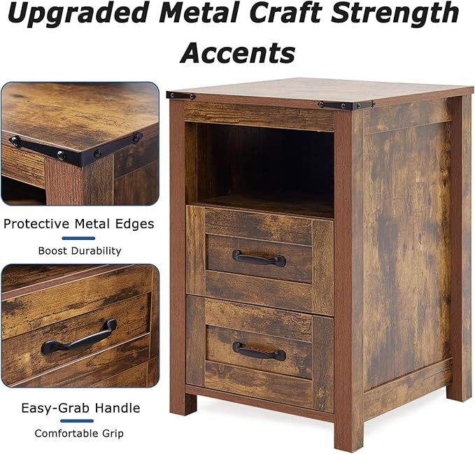 Farmhouse Night Stand Set of 2, Rustic Brown Nightstand for Bedroom, End Tables Without Charging Station, Bedside Table with Drawers, Wood Bedside Cabinet Dresser