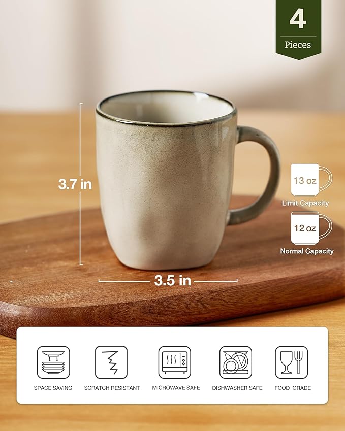 famiware Coffee Mugs Set of 4, Ocean Square 13oz Coffee Cup Set with Handle for Cocoa, Milk, Hot Chocolate, Tea, Water, Stoneware Cups for Kitchen, Microwave and Dishwasher Safe, Light khaki