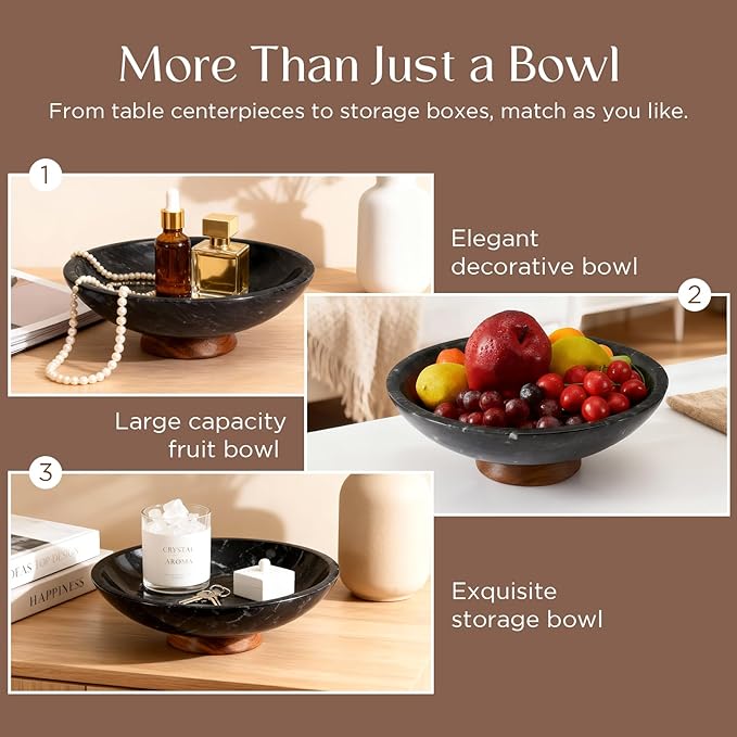 Black Marble Fruit Bowl with Acacia Wood Pedestal, Large Decorative Footed Bowl, Natural Stone Centerpiece for Kitchen Counter, Entryway, Keys, Dining Table, House Warming Gifts New Home(11Inch)