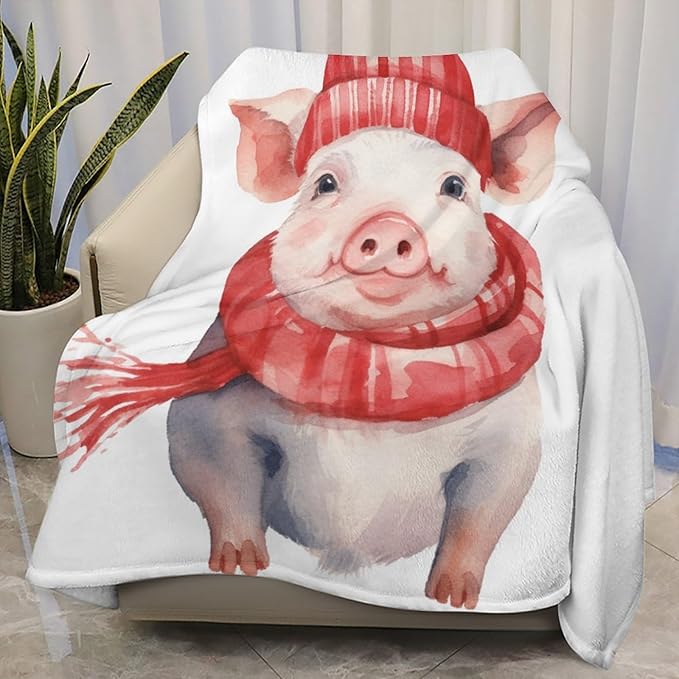 Christmas Winter Pig Fleece Throw Blankets Twin Size -Thick Fuzzy Warm Soft Twin Large Winter Blanket Throws for Bed 60x80 in