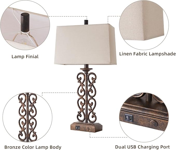 Set of 2 Farmhouse Touch Table Lamps for Living Room, 3 Way Dimmable with Dual USB Ports Vintage Rustic Bedside Desk Lamp, for Bedroom End Table, 2 LED Bulbs Included (Bronze)