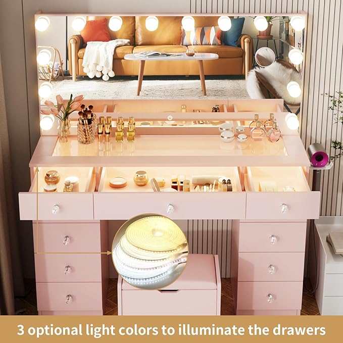 VOWNER Vanity with Lighted Mirror - Glass Top Makeup Vanity Desk with Lights and 11 Drawers, 3 Color Lighting Modes Adjustable Brightness, 46" Makeup Desk with Soft Cushioned Stool for Bedroom, Pink