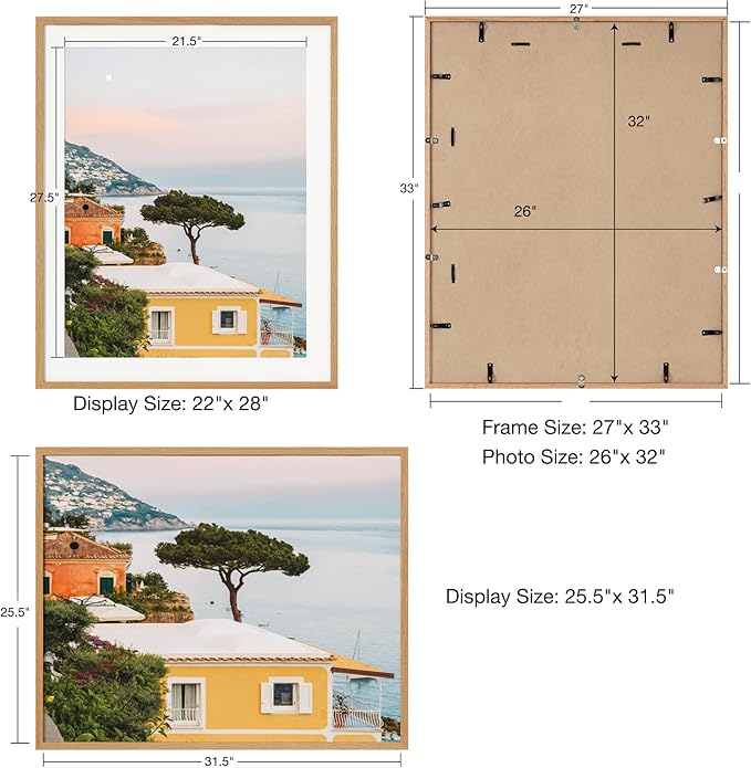 Axeman 26x32 Frame | Solid Oak Wood 26x32 Poster Frame With Mat for 22x28 | 32x26 Wood Picture Frame | Tempered Glass and Hanging Hardware Included Home Wall Decor Art Hanging Frame | Natural