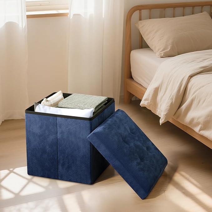 Storage Ottoman Bench, 15 Inch Ottoman Foot Rest, End of Bed Bench, Storage Chest, Load 700 lb, for Living Room, Bedroom, Entryway, Navy Blue