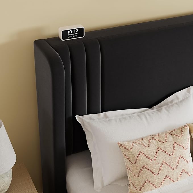 SHA CERLIN Full Size Velvet Upholstered Platform Bed Frame with Vertical Channel Tufted Wingback Headboard, Wooden Slats Support, Easy Assembly, Under Bed Storage, No Box Spring Required, Black