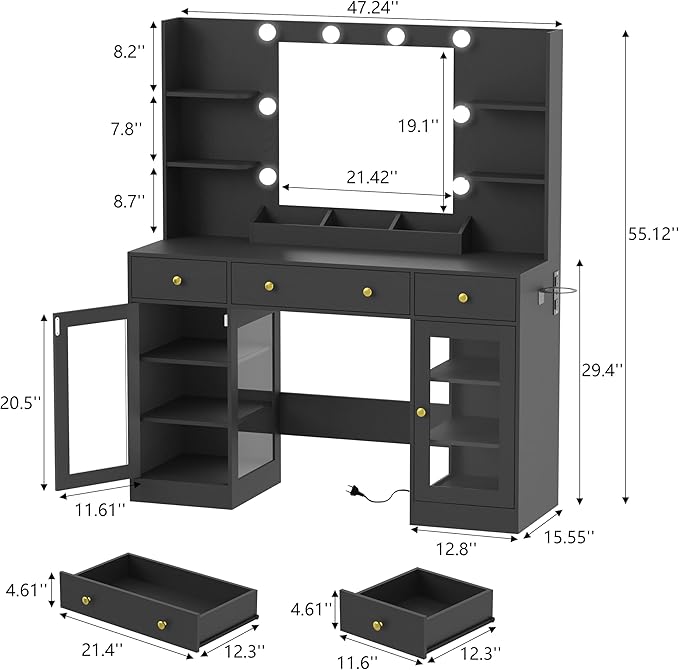 Large Vanity Desk with Mirror and Lights, Makeup Vanity with Mirror and LED Lights, RGB Cabinet & 3 Drawers, Makeup Desk with Storage Shelves, 3 Color Modes Dressing Table for Girls Bedroom, Black
