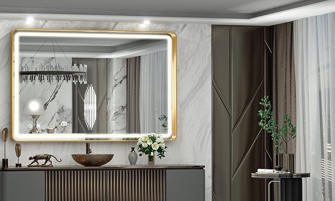 Hasipu 40×30 Inch LED Bathroom Mirror with Lights, Gold Metal Framed Bathroom Light Mirror for Vanity Anti-Fog, Dimmable, 3 Colors (Horizontal/Vertical)