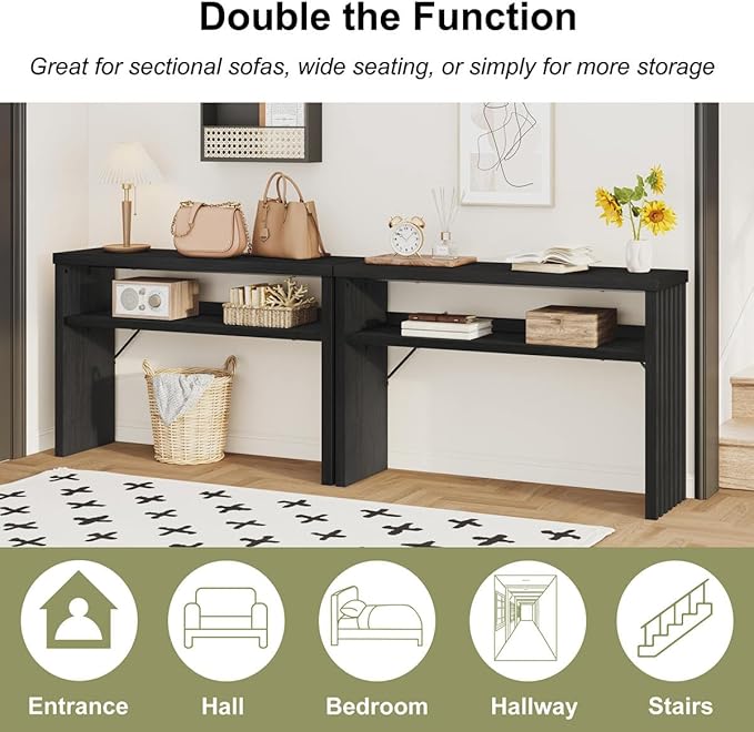 BON AUGURE Console Table with Storage, Black Entryway Table, Wooden Couch Tables Behind Sofa for Living Room, 2 Tier Front Door Entrance Tables (Black Oak, 47 Inches)