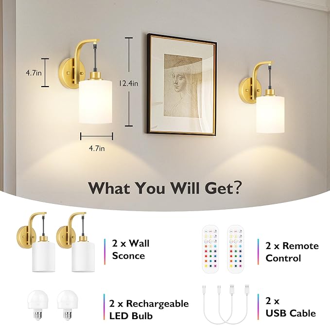 Gold Wireless Rechargeable Wall Sconce Set of Two, 15Colors Battery Operated Wall Lights, 2 Milky Glass Wall Lamps with Remote and Dimmable Bulbs, Indoor Sconces Wall Decor for Bedroom Living Room