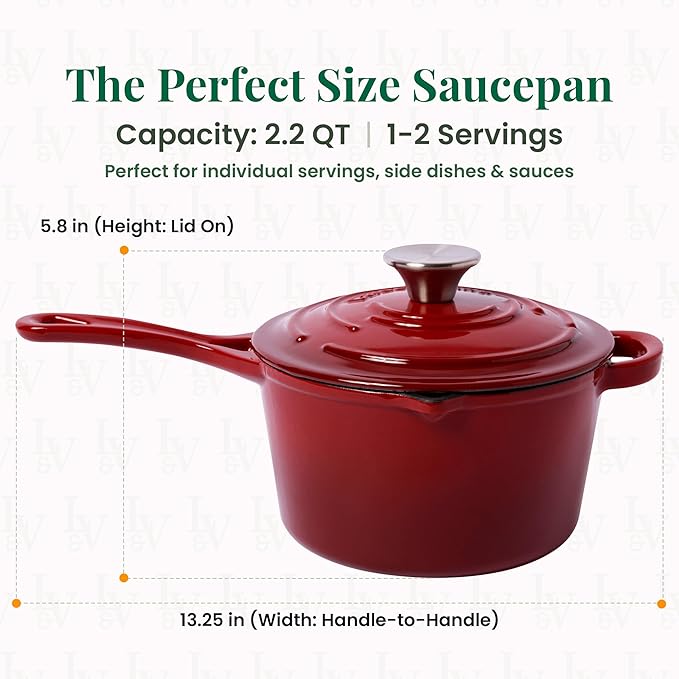 Larder & Vine Enameled Cast Iron Saucepan | 2.2 qt Sauce Pan with Lid | Saucepan with Pour Spouts | Enameled Cast Iron Pot Compatible on All Cooktops & Oven Safe to 500° F | Cabernet