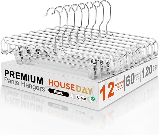 HOUSE DAY Clear Pants Hangers with Clips 12 Pack, Plastic Skirt Hangers for Women, 14 Inch Clip Hanger for Pants, Skirts, Jeans, Shorts, Legging, with 360-degree Swivel Hook, 2 Adjustable Clips