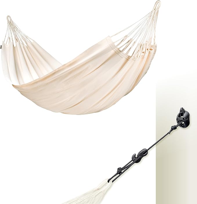 LA SIESTA® Modesta Organic Cotton Hammock & Wall Mount Kit for Walls Ceilings & Square Beams - Indoor Outdoor Hammock Swing, Portable Hammock for Outside Patio Bed - Large Double Hammock, Latte