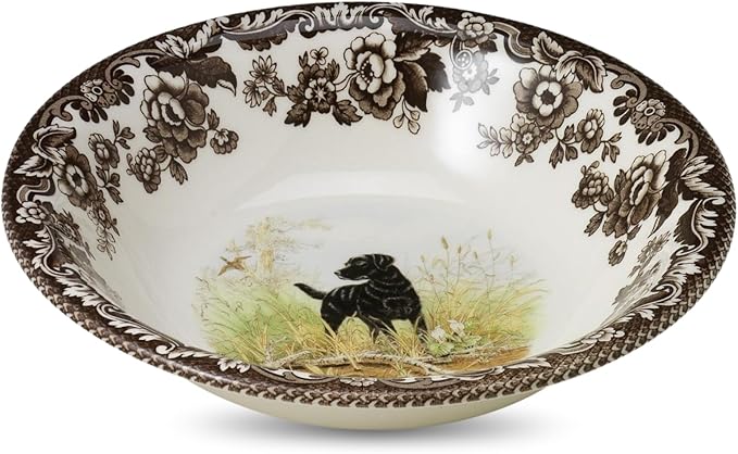 Spode Woodland Hunting Dogs, Black Labrador 8" Cereal Bowl - Fine Earthenware Tableware, Dishwasher & Microwave Safe, Warm Oven Ready Dish, Made in England - Holiday Dining & Gift