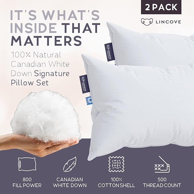 Lincove Signature 100% Natural Canadian White Down Luxury Sleeping Pillow - 800 Fill Power, 500 Thread Count Cotton Shell, Made in Canada, Queen - Soft, 2 Pack