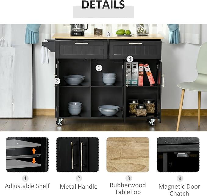 HOMCOM Mobile Kitchen Island with Storage, Kitchen Cart with Wood Top, Storage Drawers, 3-Door Cabinets, Adjustable Shelves and Towel Rack, Black
