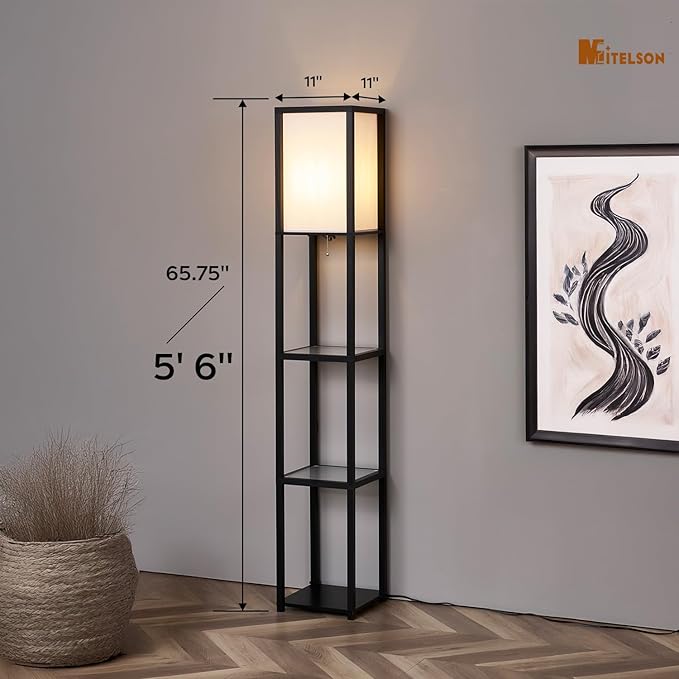 Floor Lamp with Shelves, Modern Square Standing Lamp with Glass Shelves, Corner Display Shelf with Light, Tall Lamp with Shelves for Living Room, Bedroom, Office, Bookshelf, Black