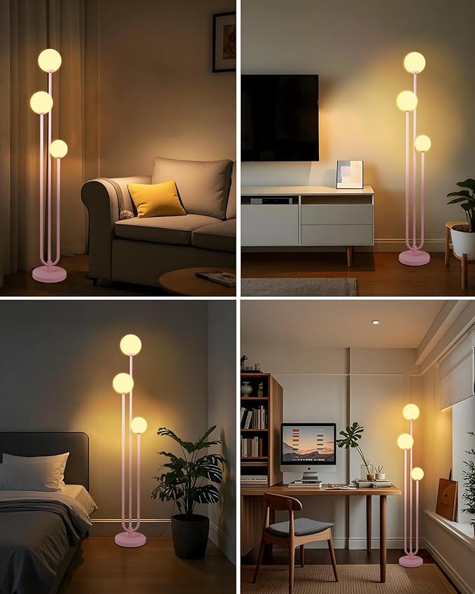 Lightdot 63IN Pink Floor Lamp Mid Century Modern Floor Lamp with 3 Globe Soft Warm White 3000K Bulbs Candle Holder Style Standing Lamp for Wedding Party/Living Room