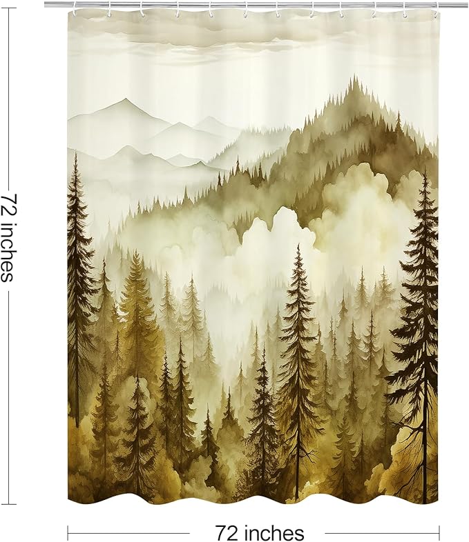 Yellow Misty Pine Forest Shower Curtain, Mountain Foggy Woodland Scenery Tree Shower Curtains for Chic Rustic Bathroom, Abstract Modern Waterproof Nature-Themed Decor, 72x72 Inches