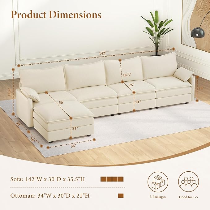 Vesgantti 142" U Shaped Sectional Couch, Comfy Cloud Modular Sectional Sofa with 2 Ottoman Deep Seat Chenille Modern Cloud Sofa, Modular Sofas for Living Room, Bedroom and Apartment, Beige