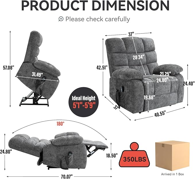 Luxlen Lift Recliner Chair Heat Massage Dual Motor Infinite Position Up to 350 LBS Large Electric Power Lift Recliners with Power-Remote, Medium-Firm and Heavy Duty, Light Grey
