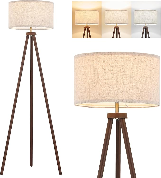 ELYONA Wood Tripod Floor Lamp Brushed Brass Metal & 3 Color Temperatures LED Bulb Vintage Wooded Standing Lamp Industrial Tall Light for Living Room Bedroom Office Beige Linen Shade Dark Brown & Gold