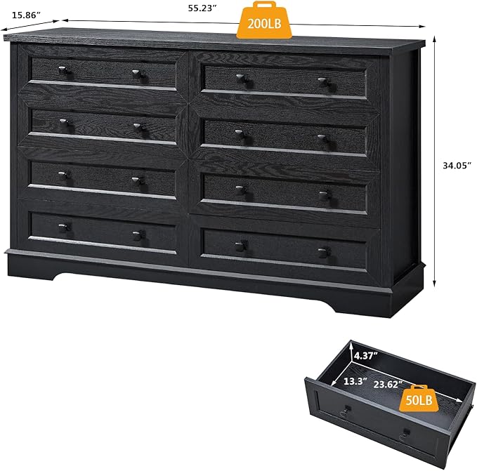 SOOWERY Dresser for Bedroom, Farmhouse Dresser with 8 Wooden Drawers and Storage Cabinet, 55 Inches Wide Chest of Drawers for Bedroom, Living Room, Hallway, Black