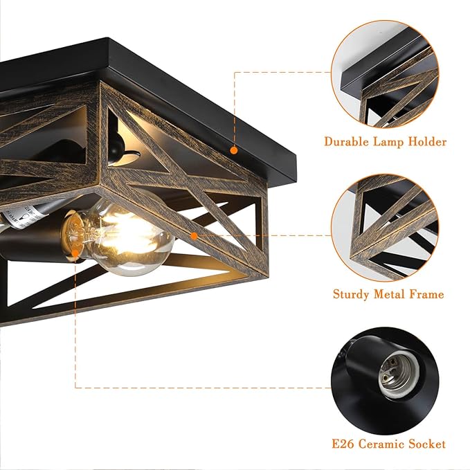 2Pack Rustic Flush Mount Ceiling Light Fixture, Modern Farmhouse Light Fixture, Kitchen Hallway Light Fixtures for Bedroom,Dining Room Entryway,Industrial Metal Cage Ceiling Light