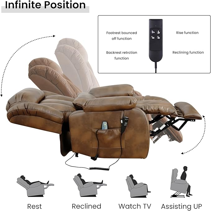 TEKAMON Power Lift Recliner Chair for Elderly, Dual Motor Genuine Leather Recliner with Heat & Massage, Lay Flat Sleeping Chairs with Infinite Position, Remote Control & USB Ports