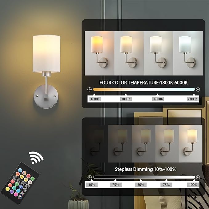 Battery Operated Wall Sconce Set of Two,Wireless Rechargeable Wall Light With Remote Control, Dimmable, 1800K/3000K/4000K/6000K/RGB, Timer, for Living Room, Bedroom, Fireplace, TV, 13.5 Inch, Nickel
