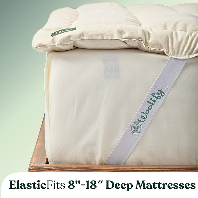 Organic Merino Wool Mattress Topper - Luxury Pillow Top Mattress Pad, Handmade, Non-Toxic, Cooling & Hypoallergenic, Natural Back Pain Relief, Sustainable Bedding (Full)