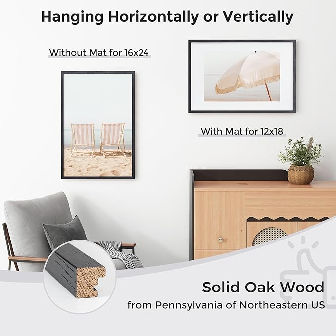 Axeman 16x24 Frame With Mat for 12x18, Solid Oak Wood 16x24 Poster Frame With Tempered Glass, 16 x 24 Picture Frame for Wall, 16 by 24 Wood Frame for Home Decor, Hanging Hardware included, Black