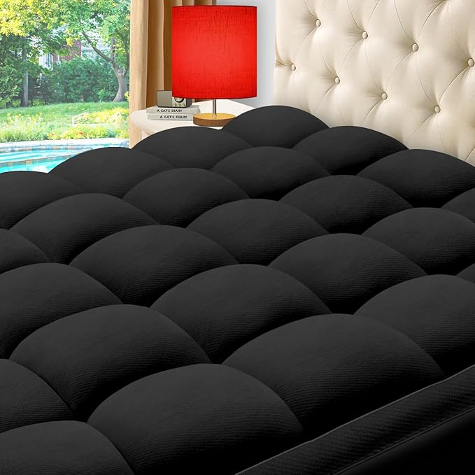 ELEMUSE Queen Black Cooling Bamboo Viscose Mattress Topper for Back Pain, Extra Thick Mattress Pad Cover, Plush Soft Pillowtop with Elastic Deep Pocket, Overfilled Down Alternative Filling