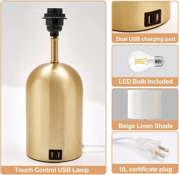 GyroVu Bedside Lamp with USB Port, Touch Control Table Lamp for Bedroom 3 Way Dimmable Modern Nightstand Lamp with Fabric Shade Gold Base for Living Room, Dorm, Home Office, LED Bulb Included