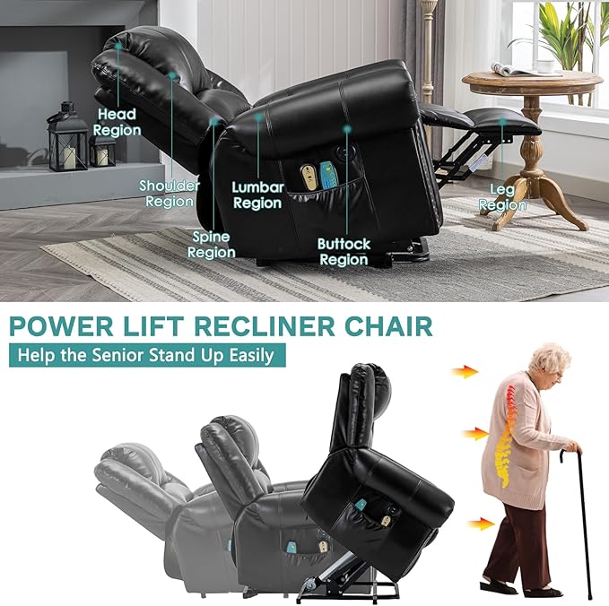 MEETWARM Large Power Lift Electric Recliner Chair for Elderly with Massage and Heat, Overstuffed Wide Recliner, Heavy Duty Sofa for Living Room with 2 Remote Control/USB Ports/Side Pockets(Black)