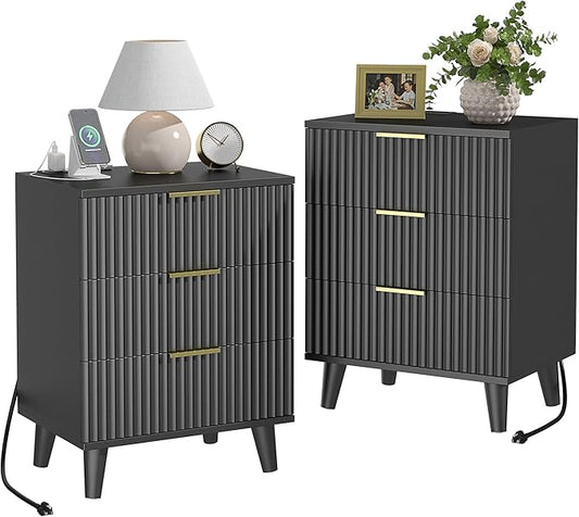 Lulive Wood Nightstand Set of 2 Fluted Dresser for Bedroom 3 Drawers Night Stand with Charging Station, Storage Modern Side Table Black