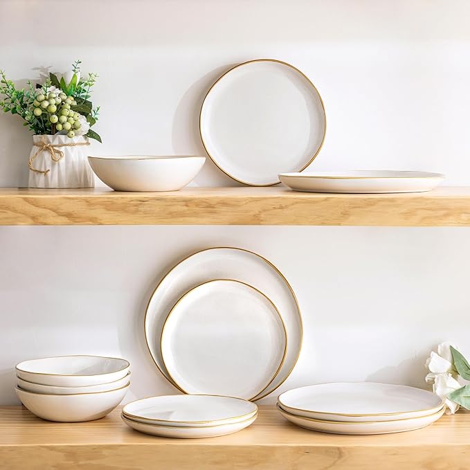 AmorArc Ceramic Dinnerware Sets,Handmade Reactive Glaze Stoneware Plates and Bowls Set,Highly Chip and Crack Resistant Dishware | Dishwasher & Microwave Safe Dishes Set,Service for 4(12Pcs)