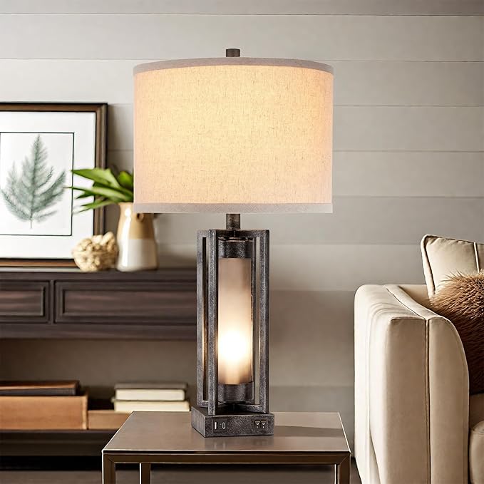 RORIANO Set of 2 Industrial Table Lamps for Living Room with USB C+A, Vintage End Table Lamp for Bedroom with Gray Nightlight, Farmhouse Rustic Desk Lamp for Bedside, 4 Bulbs Included (Iron Gray)