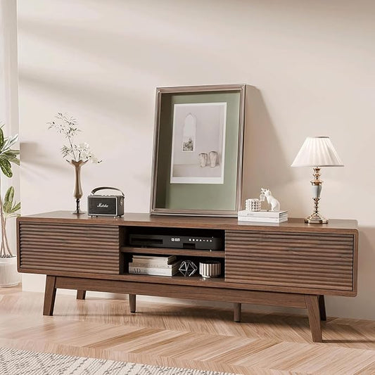 TV Console, Mid Century Modern Media Console for 55/60/65 Inch TV, Low Profile TV Stand with Fluted Sliding Doors, Boho Light Wood Credenza for Living Room (Walnut, 59")