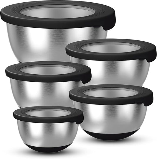 Stainless Steel Mixing Bowls with Lids – Set of 5 Large Nesting Metal Bowls for Kitchen, Baking, Cooking, Food Prep & Storage, Non-Slip Base, Dishwasher Safe,Black