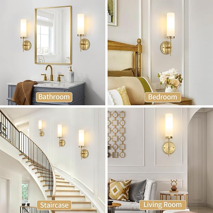 Gold Wall Sconces, Modern Bathroom Vanity Light Fixtures, Sconces Wall Decor Set of 2, Wall Lamps with Frosted Glass, Indoor Wall Lights for Bedroom Living Room Hallway
