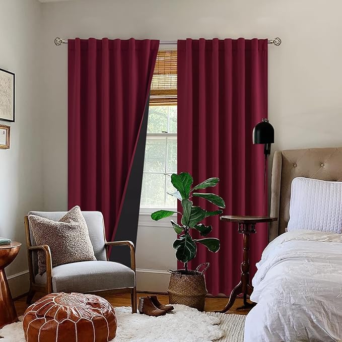 BGment Full Blackout Curtains with Insulated Lining 84 Inches Long，Rod Pocket and Back Tab Double Layer Room Darkening Window Curtain for Bedroom(52 x 84 Inch, 2 Panels, Burgundy Red)