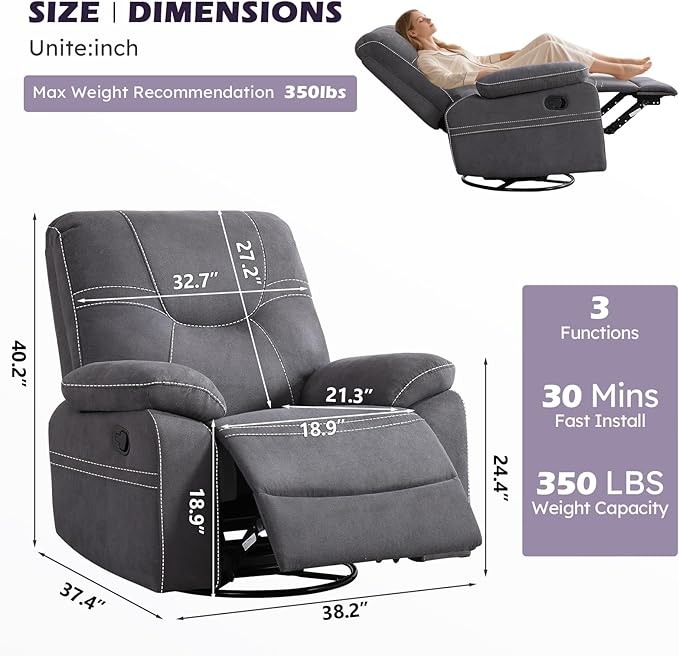 ANJ Oversized Swivel Rocker Recliner Chair for Adults, Manual Rocking Recliner Glider Recliner Nursery Chair Clearance with Decorative Stitching Soft Fabric Thick Cushion for Living Room Bedroom