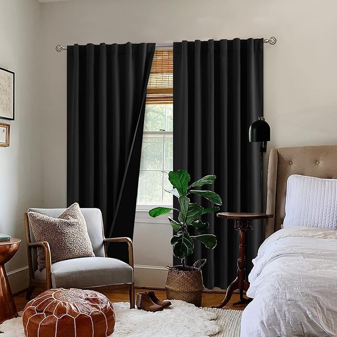 BGment Full Blackout Curtains with Thermal Insulation Liner Curtains 95 Inches Long, Rod Pocket and Back Tab Double Layer Room Darkening Window Curtain for Bedroom(52 x 95 Inch, 2 Panels, Black)