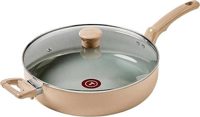 T-Fal Refresh Ceramic Nonstick Ceramic Frying Pan with Lid 5 Qt, Cookware, Stay-Cool Handle, Skillet, Pots and Pans, Sand Beige