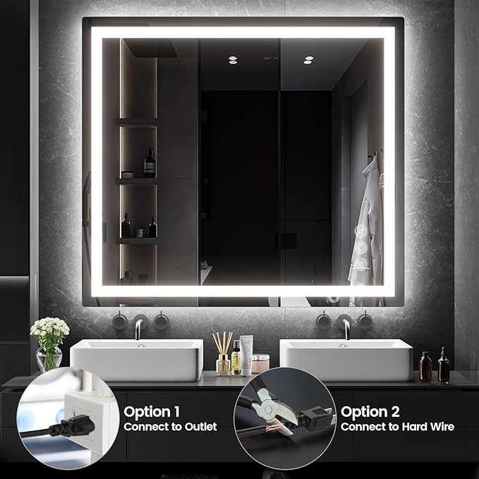 36"x 40" Bathroom Mirror with Lights, LED Mirror for Bathroom with Stepless 3 Colors Temperature & Dimmable Memory Anti-Fog Tempered Glass Mirror